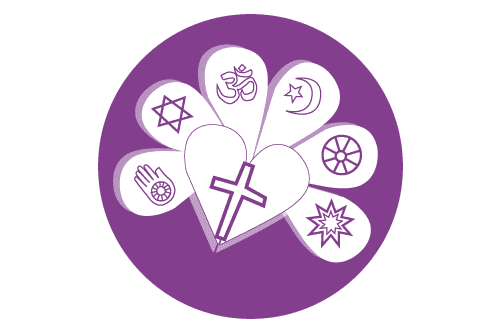 Pyöreällä violetilla pohjalla sydän, jossa on risti, ja terälehtiä joissa on muiden uskontojen symboleita.